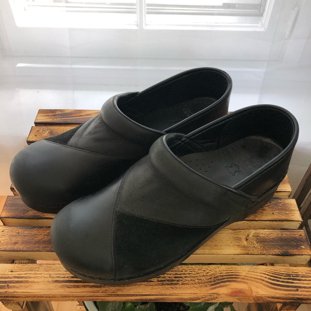 Black Leather Patchwork Dansko Clogs 38 - image 2